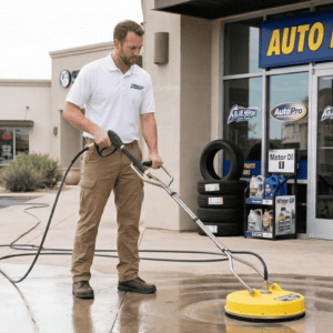 A professional Blue Heron Exterior Cleaning technician in a uniform using a high-efficiency surface cleaner to pressure wash a concrete sidewalk at a commercial Auto Parts Store.