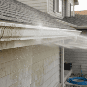 A close-up of a residential gutter being cleaned of black streaks and mold using a pressure wand, showing a bright white contrast.
