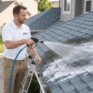 A professional technician from Blue Heron Exterior Cleaning, wearing a branded polo, uses a specialized wand to soft wash a residential roof, with a clean silver trailer in the background.
