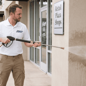 Professional technician in a Blue Heron white polo shirt soft washing a stucco retail storefront.