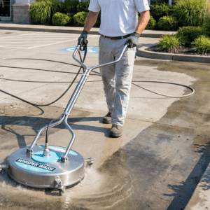 Professional technician using a Whisper Wash surface cleaner on a commercial concrete parking lot in Madison.