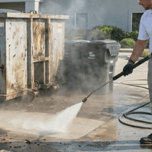 Professional pressure washing of a commercial dumpster pad in Covington, Georgia, removing grease and grime.