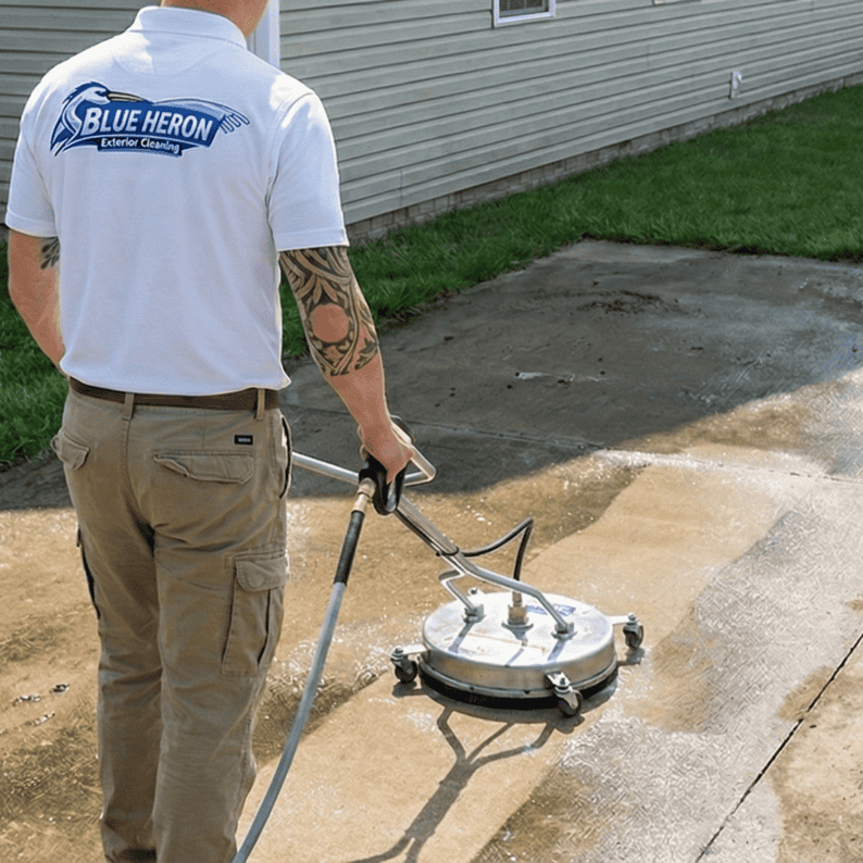 Professional technician using a surface cleaner to pressure wash a concrete driveway in Monroe, Georgia.