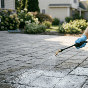 A professional contractor using a yellow pump-up sprayer to apply a protective sealant to a stone paver patio.