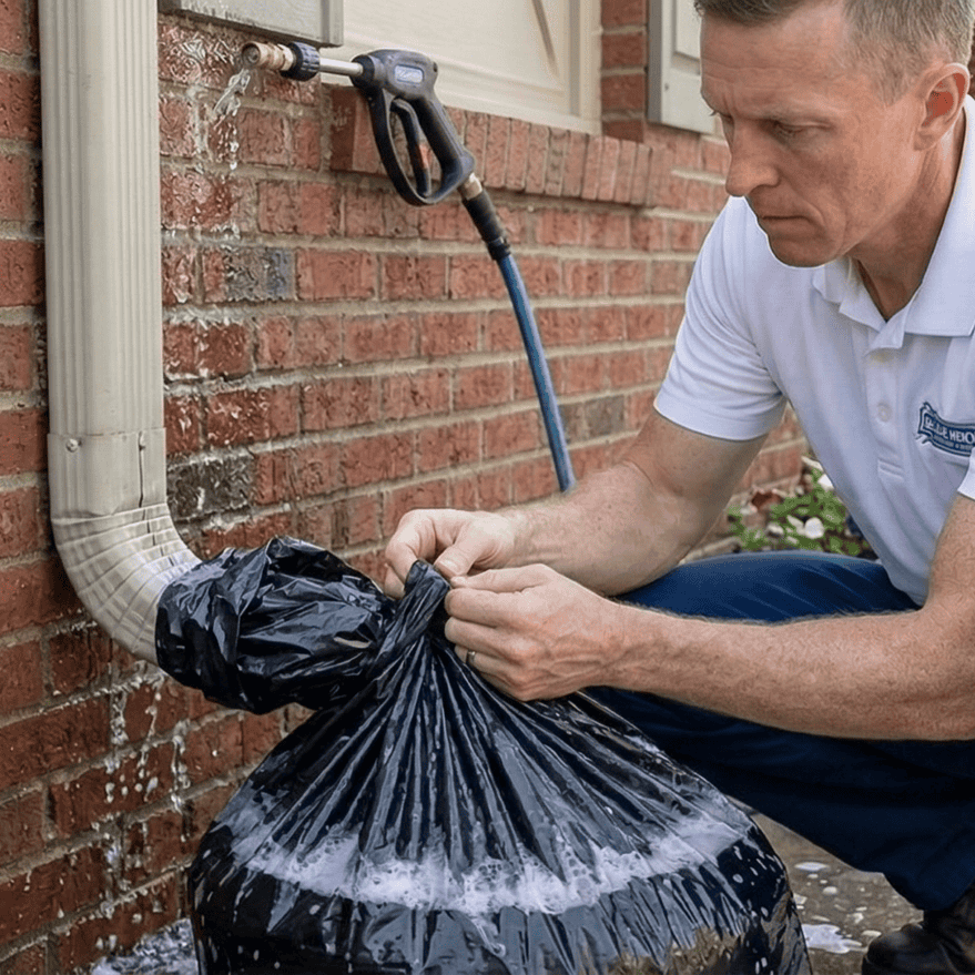 Black contractor bag attached to a downspout to collect roof cleaning runoff.