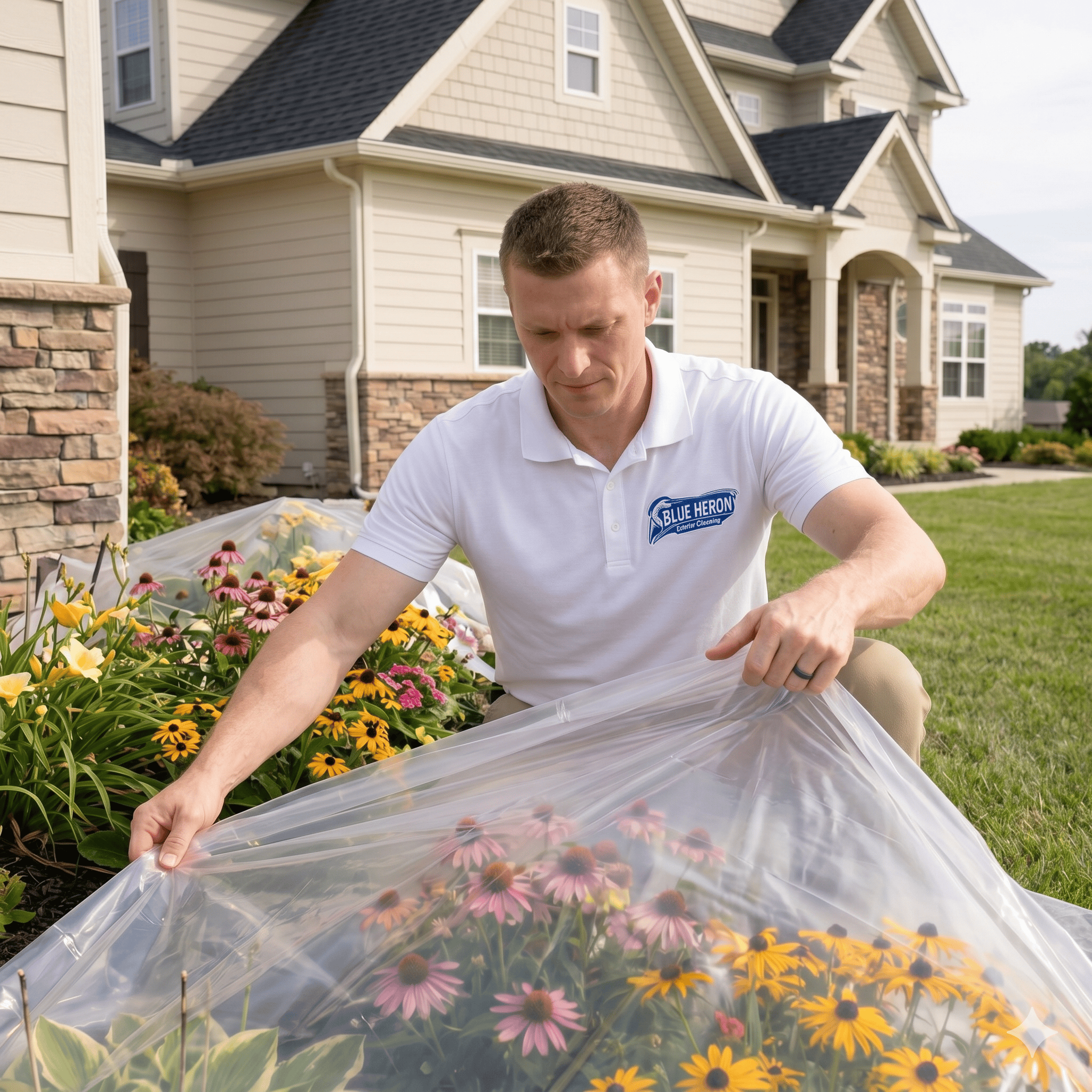 Blue Heron Exterior Cleaning technician carefully covering a flower bed with clear plastic sheeting to protect plants during a soft wash service.