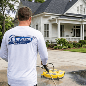 Professional technician from Blue Heron Exterior Cleaning using a yellow surface cleaner to pressure wash a concrete driveway of a white house.