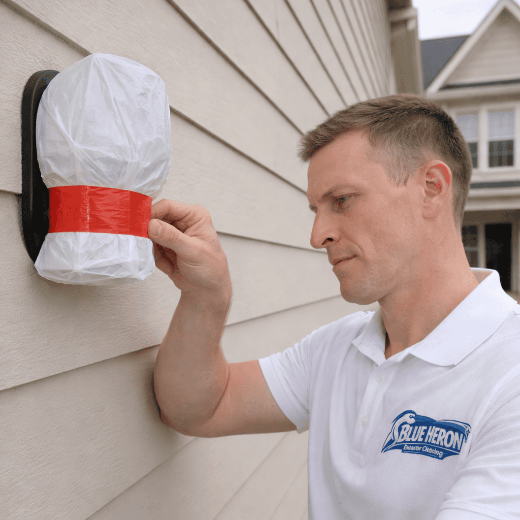 Blue Heron Exterior Cleaning technician taping a protective plastic cover over an outdoor light fixture before a soft wash service.