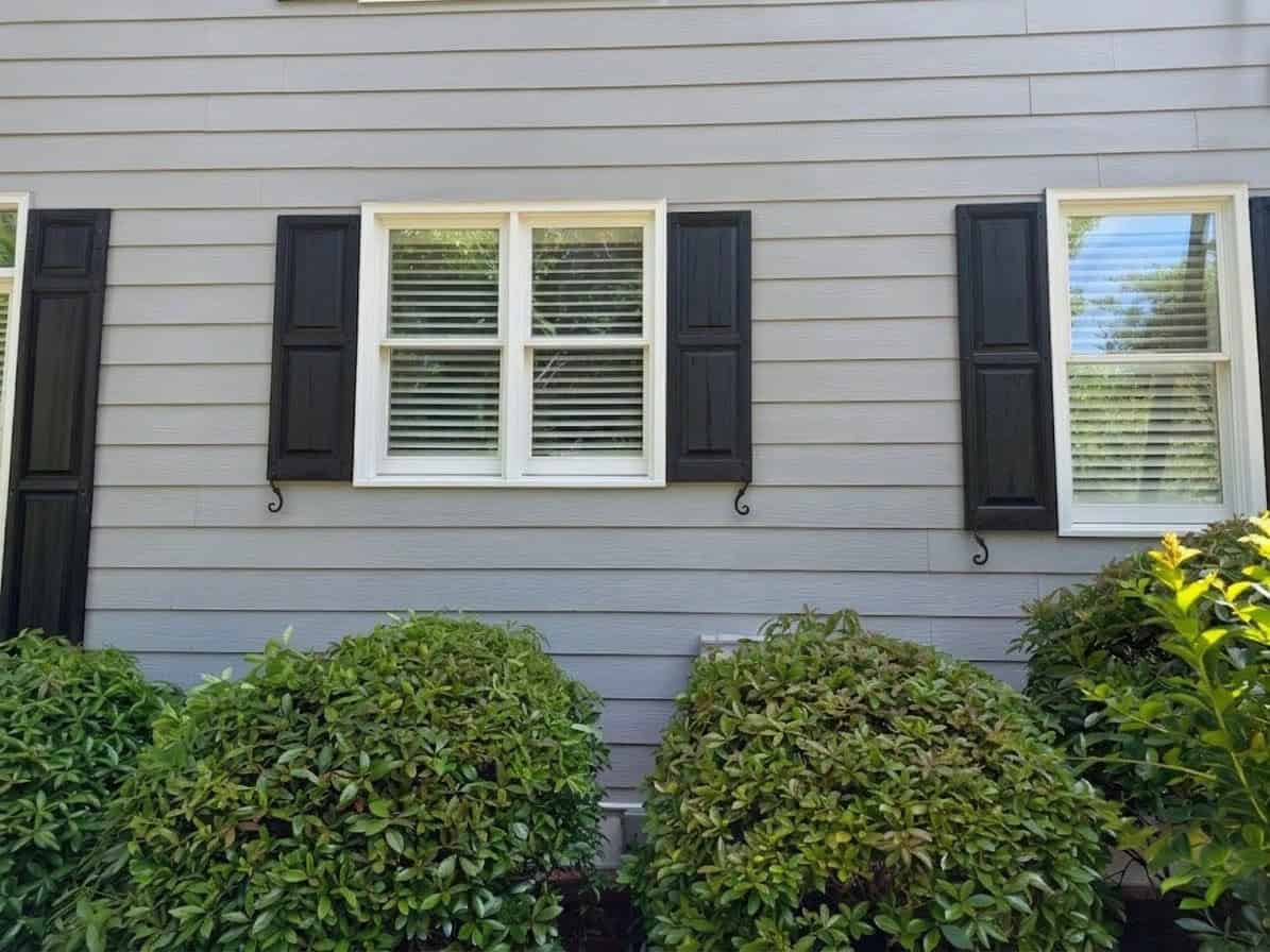 Image of a house with clean siding and well-maintained bushes.