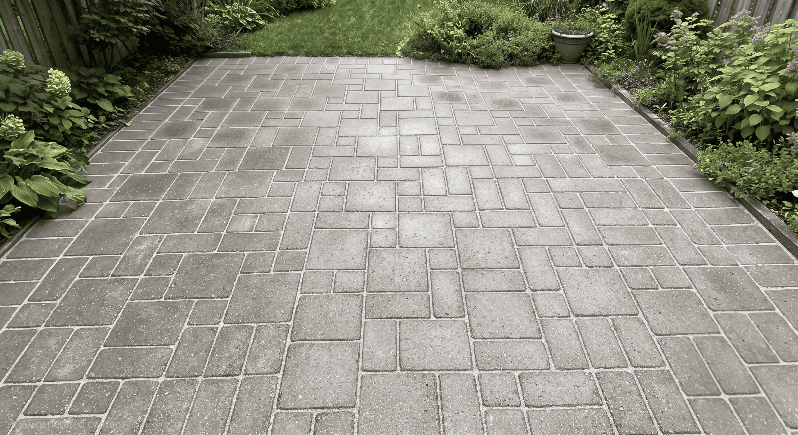Paver patio after pressure washing with clean, bright surface and surrounding greenery.